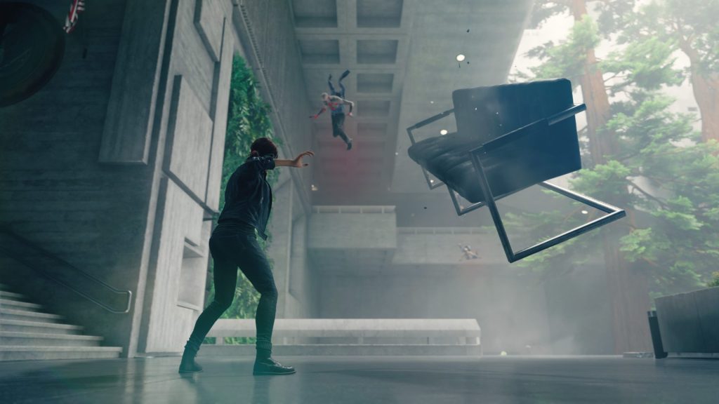 Das Foto zeigt die Protagonistin des Spiels, Jesse, die ihre telepathischen Kräfte einsetzt, um Objekte zu schweben und Feinde anzugreifen.