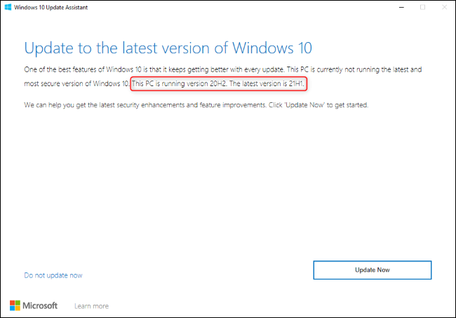 Die Windows 10 Update Assistant zeigt ein Upgrade auf 21H1 an.