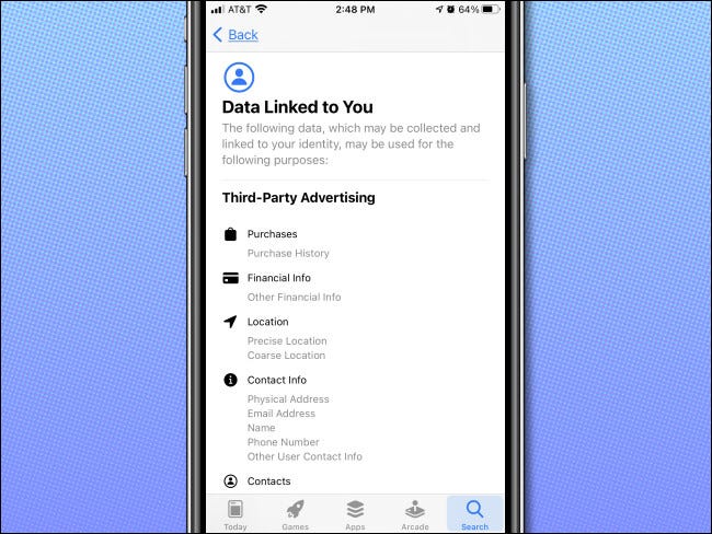 Ein Beispiel für die Seite mit den App-Datenschutzdetails im iPhone App Store.