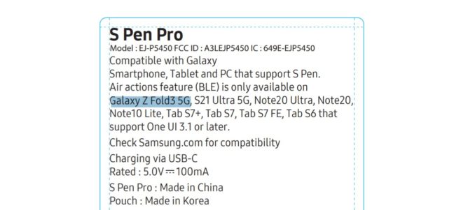Eine neue FCC-Anmeldung bestätigt die Galaxy Fold3 unterstützt Samsungs S Pen Pro 3