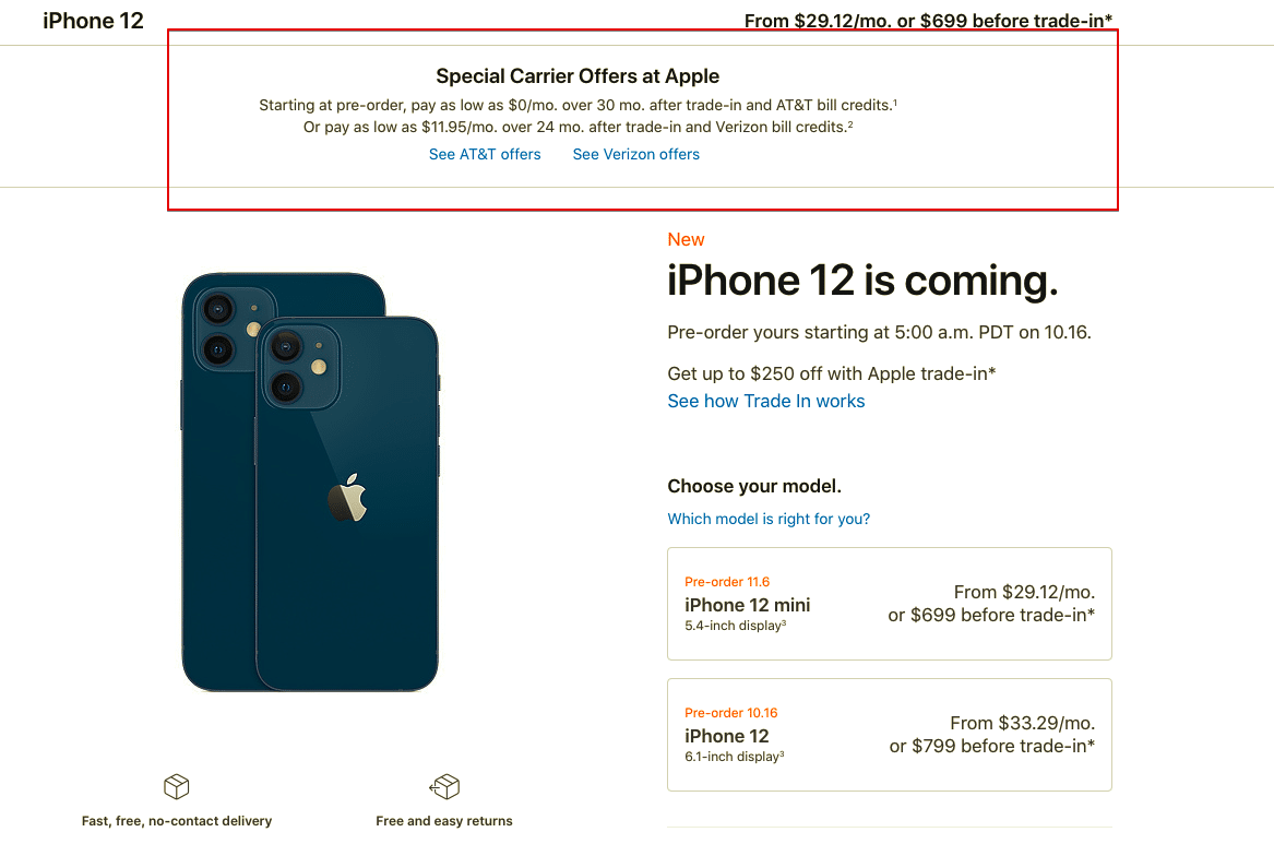 Der für das iPhone 12 beworbene Preis von 799 US-Dollar beinhaltet „spezielle Angebote des Mobilfunkanbieters“; Der tatsächliche Preis beträgt 829 $ 17