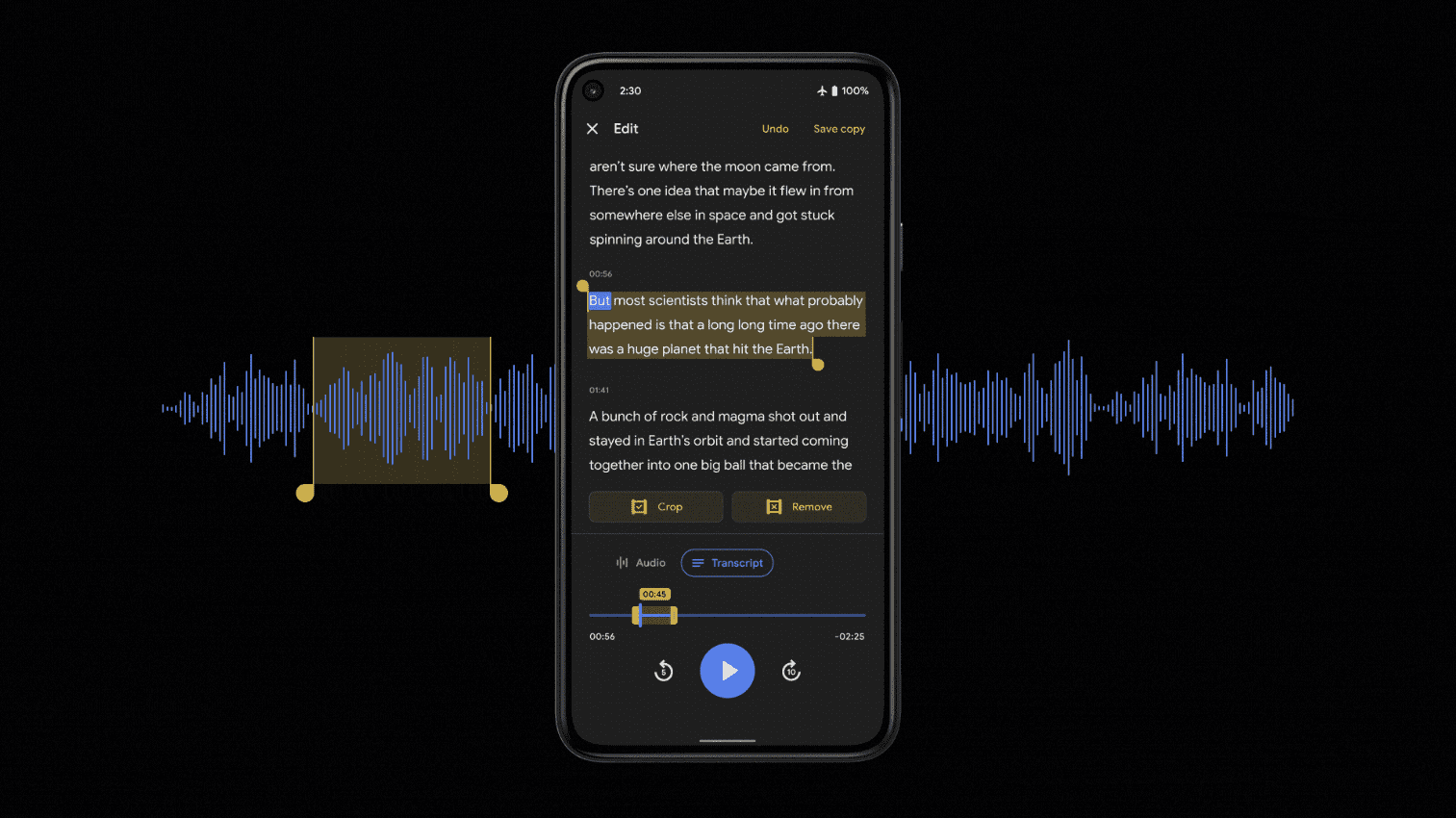 Mit dem Recorder auf den neuen Pixel-Smartphones können Sie Audio direkt aus dem Transkript bearbeiten 353