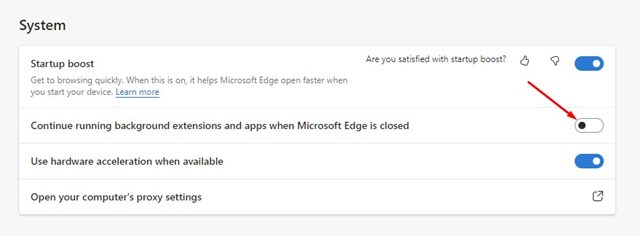Deaktivieren Sie „Erweiterungen und Apps im Hintergrund weiter ausführen, wenn Microsoft Edge geschlossen ist“.